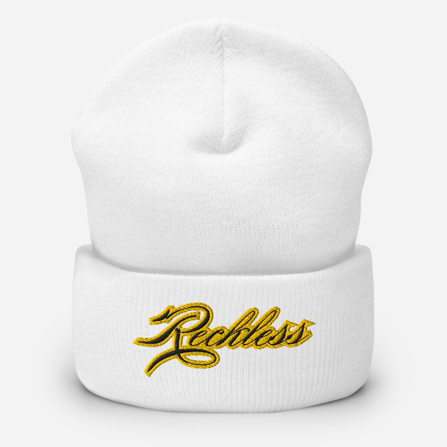 Cold head, hot mindset. Black knit beanie with bold Reckless detail — simple, warm, and made to break rules in.