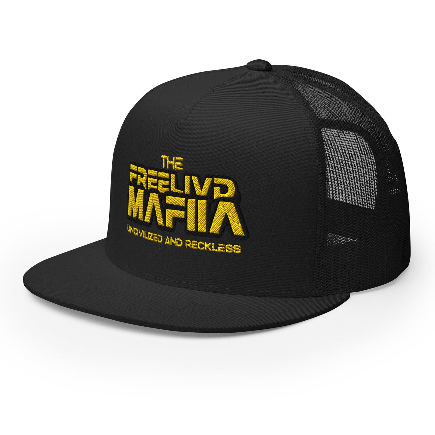 Built for the road, the reel, and the reckless.
The Freelivd Mafiia Trucker Cap is a staple for anyone living the bold, free lifestyle. Embroidered on the front, this hat brings together rugged style and all-day comfort.
With a structured front, breathable mesh back, and adjustable snapback closure, it's ready for long drives, boat days, or just throwing shade in style.