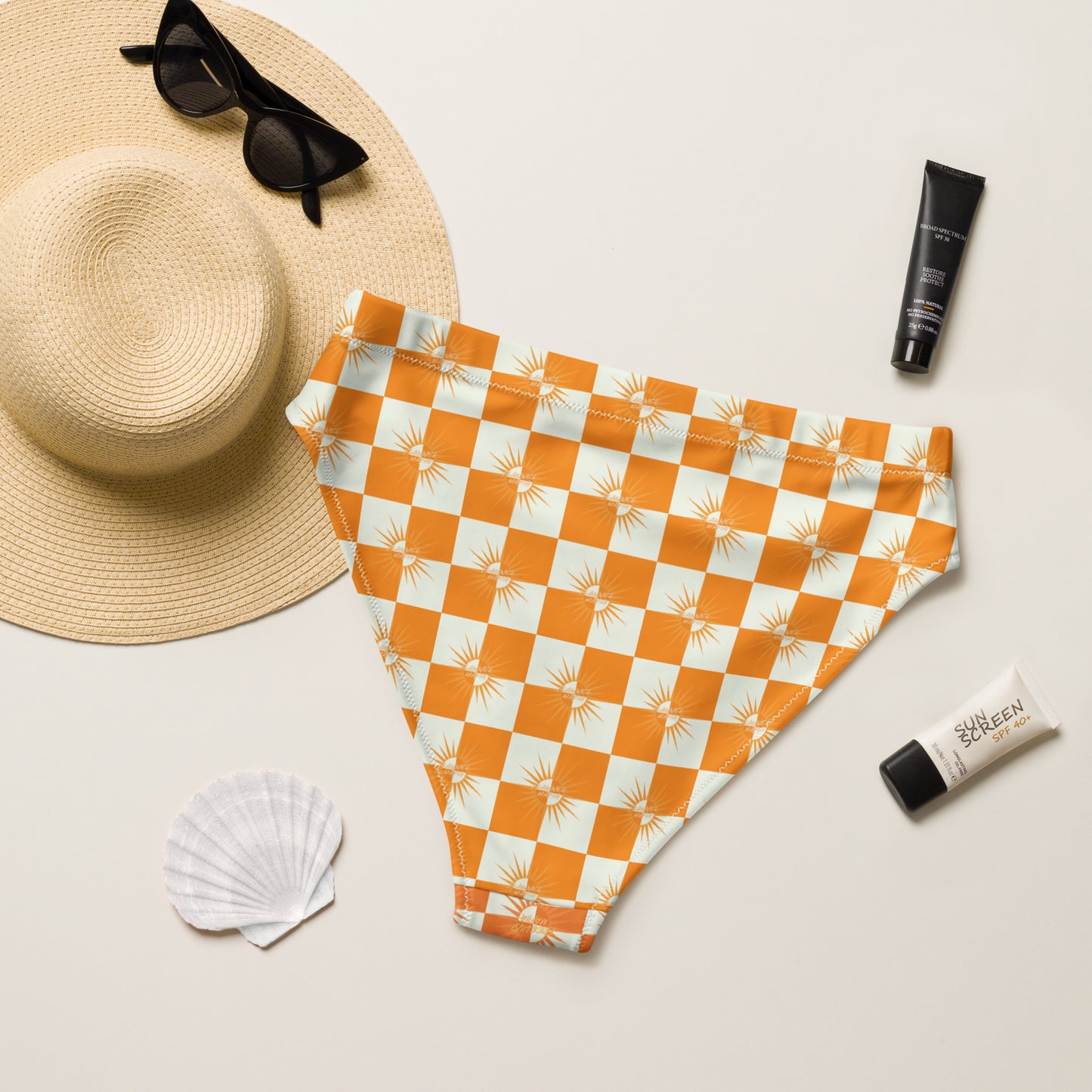 Classic vibes meet fearless fit.

The White &amp; Orange Checked High-Waist Bikini Bottom pairs perfectly with the matching string top or stands strong on its own. With a flattering high waist for coverage and support, this bottom combines vintage charm and modern performance. Made from quick-dry, stretchy fabric that moves with you — ideal for everything from lazy beach days to active water sports.