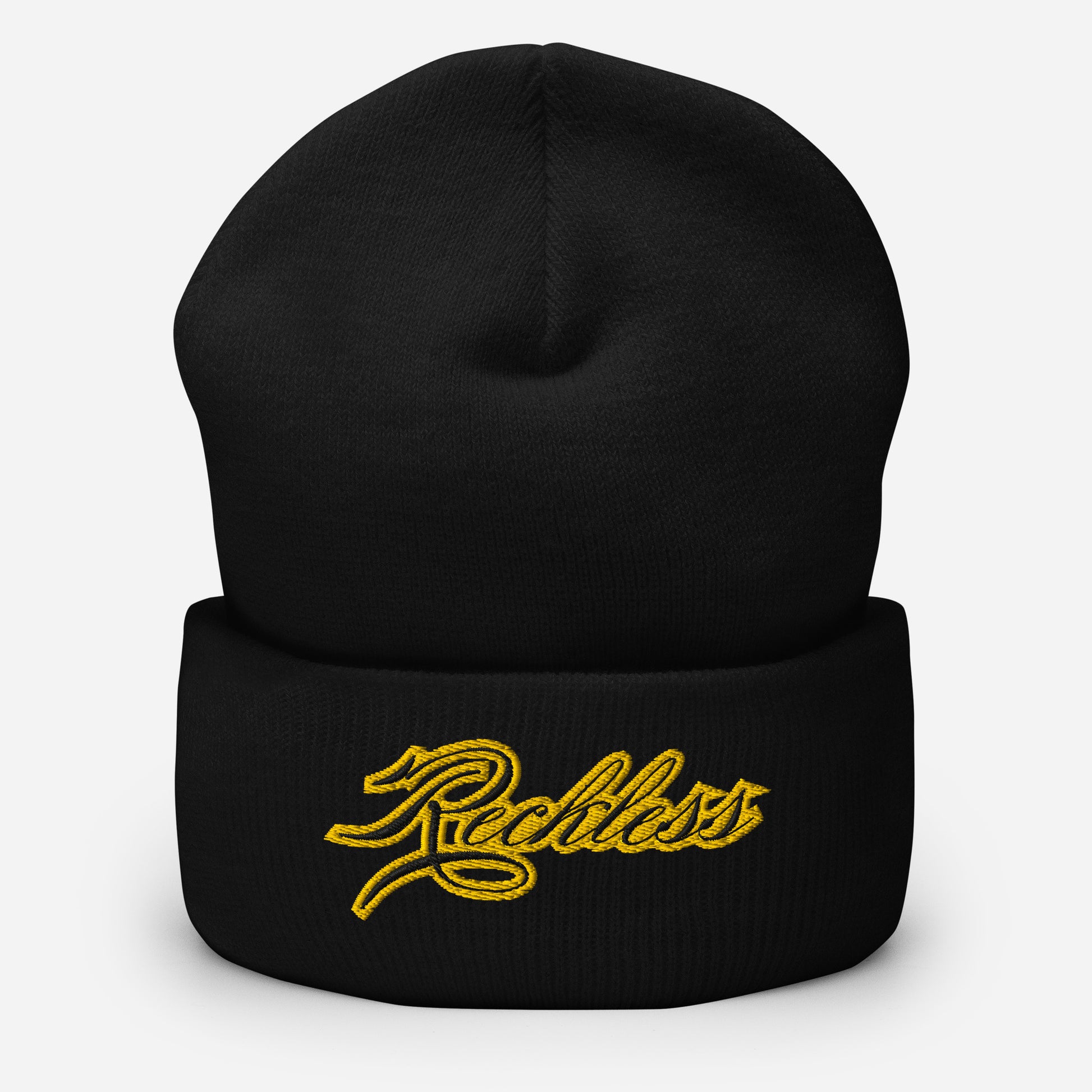 Cold head, hot mindset. Black knit beanie with bold Reckless detail — simple, warm, and made to break rules in.