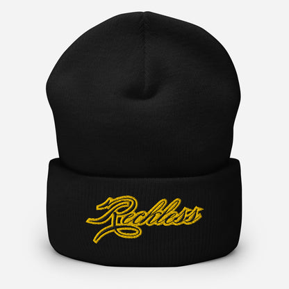 Cold head, hot mindset. Black knit beanie with bold Reckless detail — simple, warm, and made to break rules in.