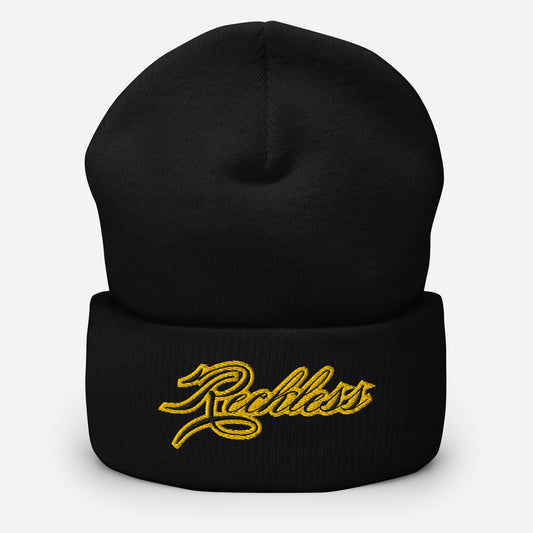 Cold head, hot mindset. Black knit beanie with bold Reckless detail — simple, warm, and made to break rules in.