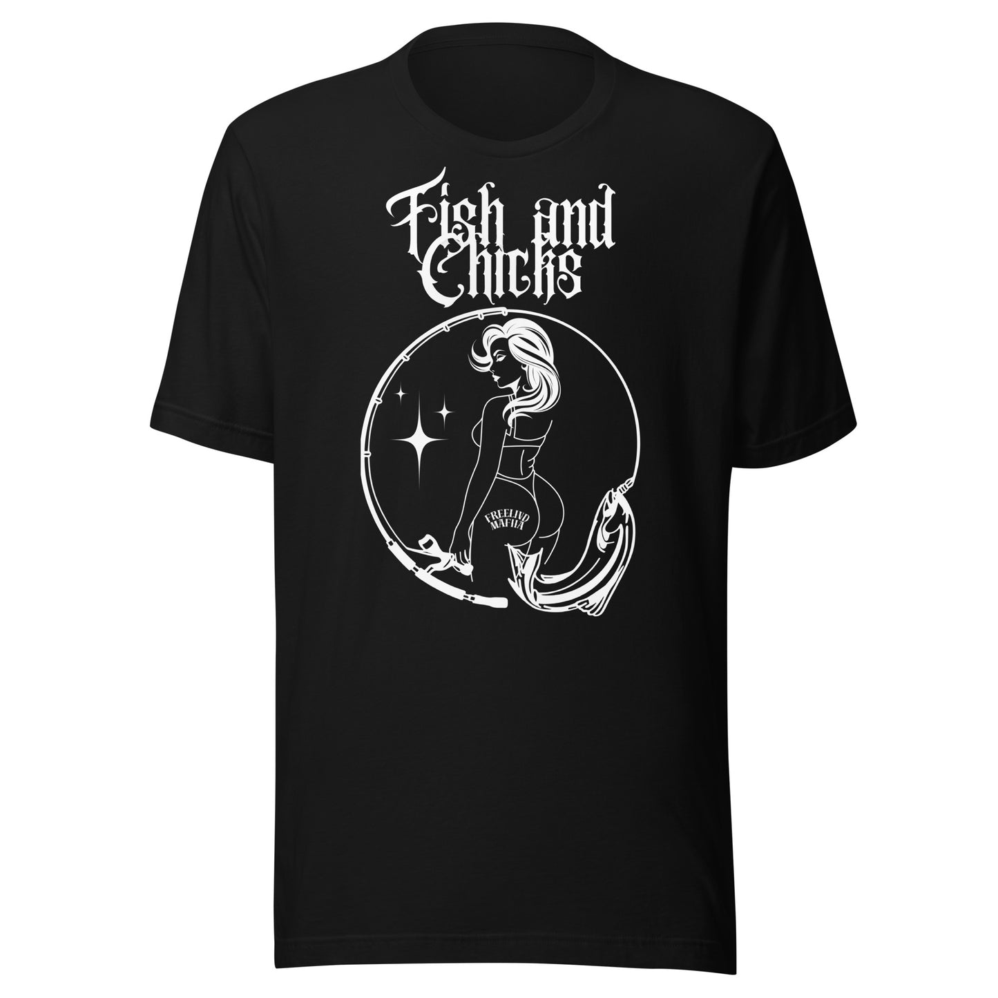 The Fish and Chicks Tee from FreelivdMafiia is for the ones who don't take life too seriously — but take their fishing seriously as hell. Featuring a bold graphic of a girl and the unapologetic phrase “Fish and Chicks,” this black tee blends humor, grit, and streetwear energy.

It’s soft, durable, and ready for everything from long days on the water to late-night hangs.