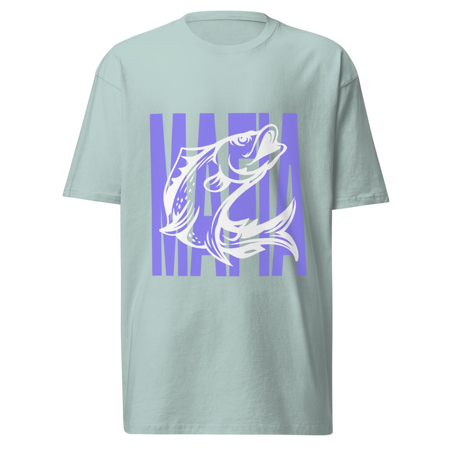 Fresh vibes and cold colors collide in this light green tee featuring a striking white and purple fish graphic — perfect for fishing lovers and outdoor rebels.

Elevate your outfit with the men’s premium heavyweight tee. The tee has a structured, classy fit and is both durable and soft thanks to its ring-spun cotton material. Layer the t-shirt or wear it on its own and enjoy great looks with little effort!